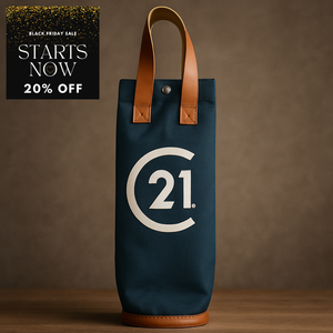 C21 Black Insulated Wine Tote with Tan Vegan Leather Handles