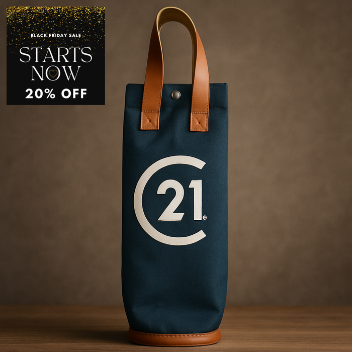C21 Black Insulated Wine Tote with Tan Vegan Leather Handles