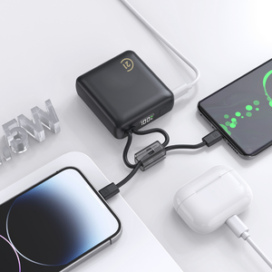 Mini Black Power Bank 10,000mAh with Built-in Cable – Fast Charging, Ultra Slim - NEW